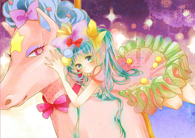 Hatsune Miku, manga, horse, cute, circus, girl, anime, green hair, pink, blue, HD wallpaper