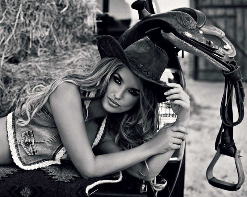 Monika Jaros, cowgirl, model, black, woman, hat, girl, bw, white, HD ...