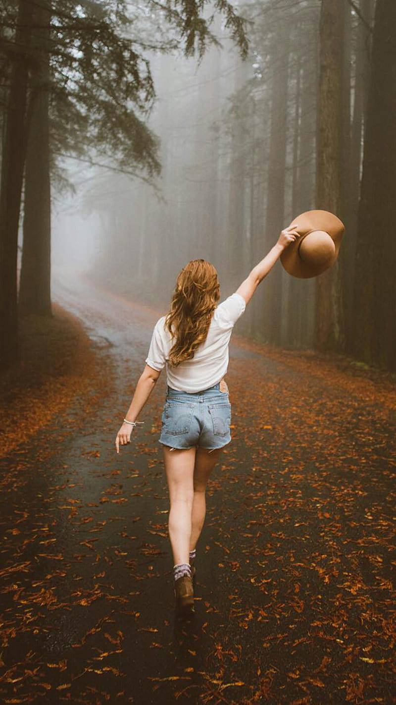 Girl, autumn, fog, mood, nature, people, road, trees, woman, woods, HD phone wallpaper
