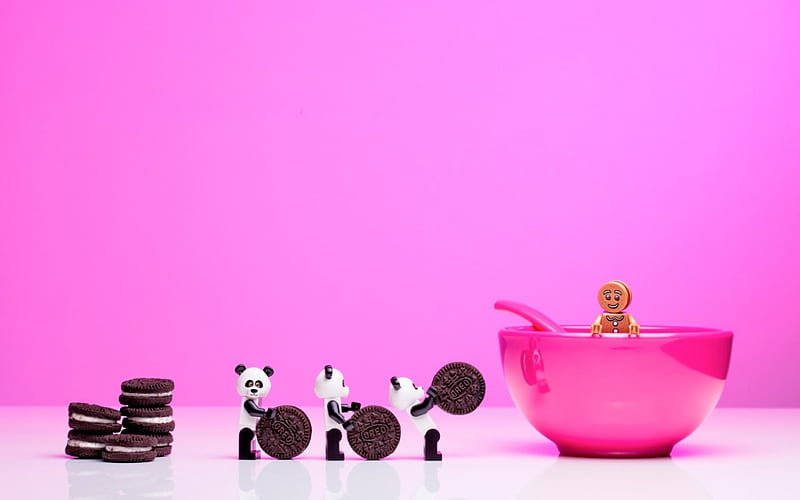 Have a sweet morning!, biscuit, oreo, food, bear, sweet, dessert, card, panda, cute, cookies, gingerbrad, cup, milk, funny, morning, pink, HD wallpaper