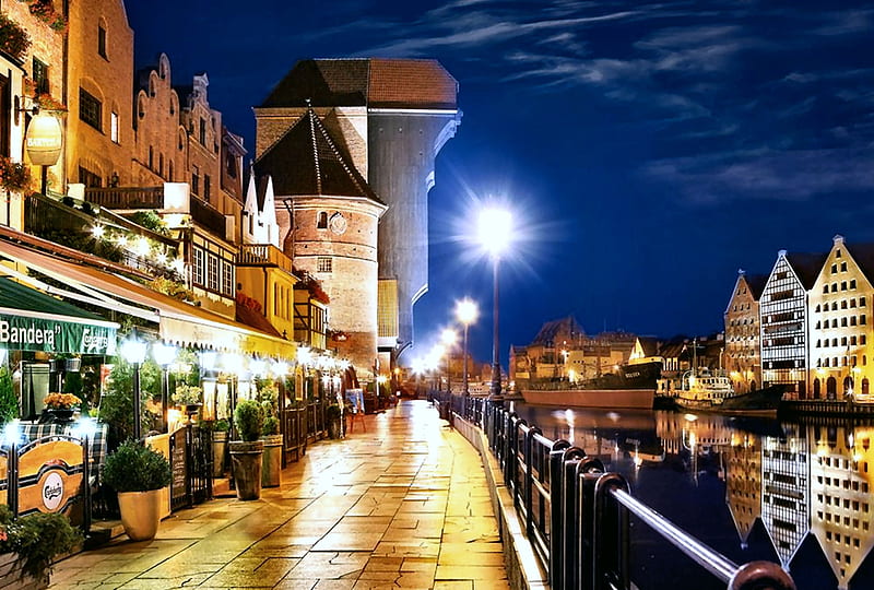 Gdansk Waterfront at Night C, architecture, cityscape, bonito, Gdansk, graphy, wide screen, Poland, scenery, HD wallpaper