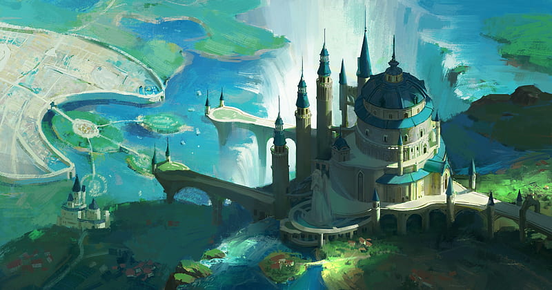 Castle, art, fantasy, water, luminos, shuhan yang, green, blue, view from the top, HD wallpaper