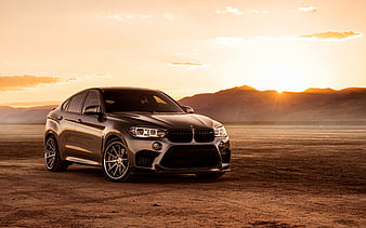 BMW X6M, 2017, black luxury SUV, tuning X6, desert, sunset, BMW, HD wallpaper