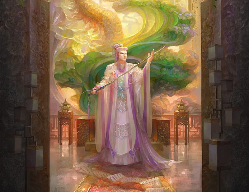 Dragon Hall, fantasy, luminos, green, hrfleur, yellow, papaya, man, pink, art, HD wallpaper