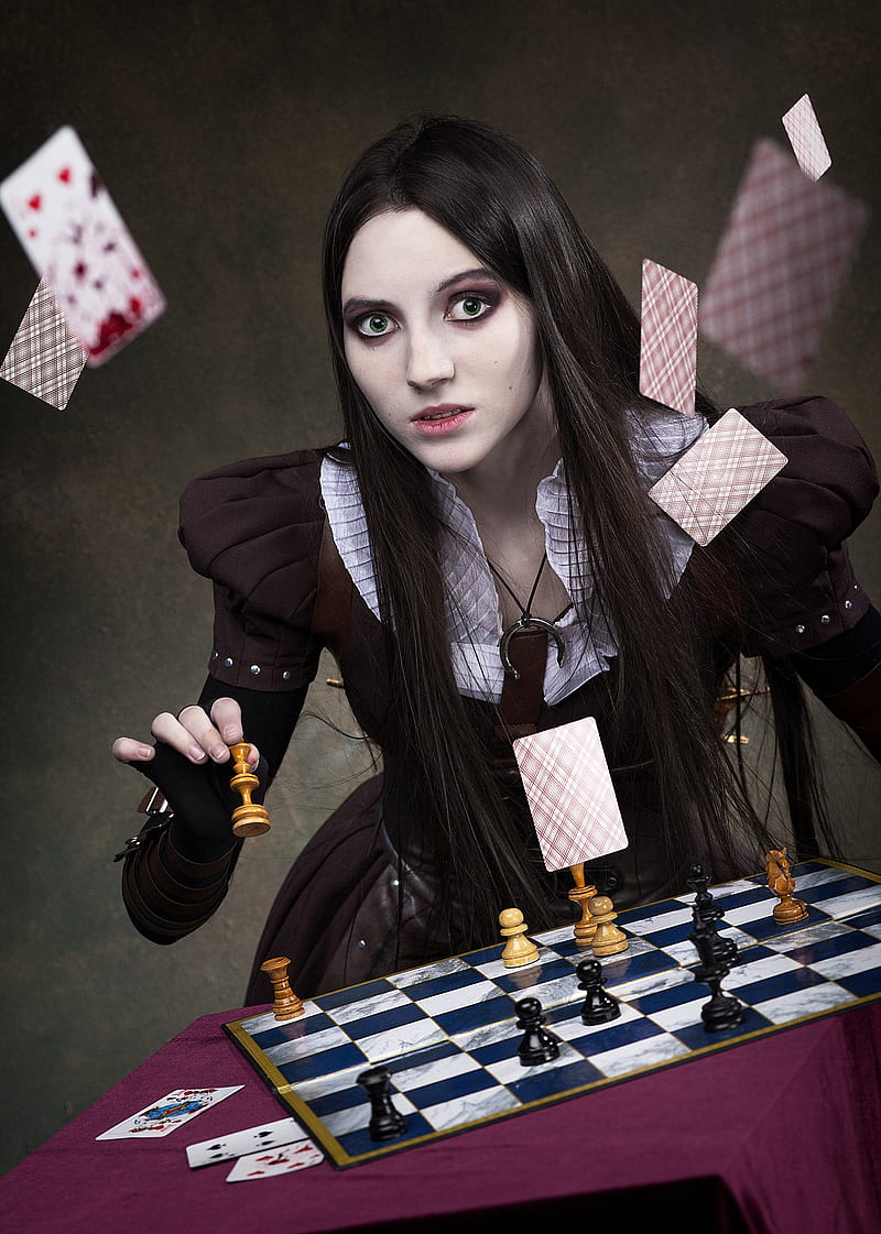 chess, playing cards, women, fantasy girl, Alice Through the Looking Glass, American McGee's Alice, cosplay, HD phone wallpaper