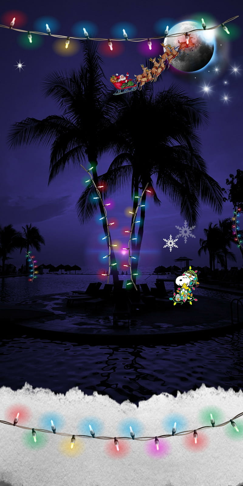 Snoopys Christmas, lights, palmtree, snoopy, HD phone wallpaper