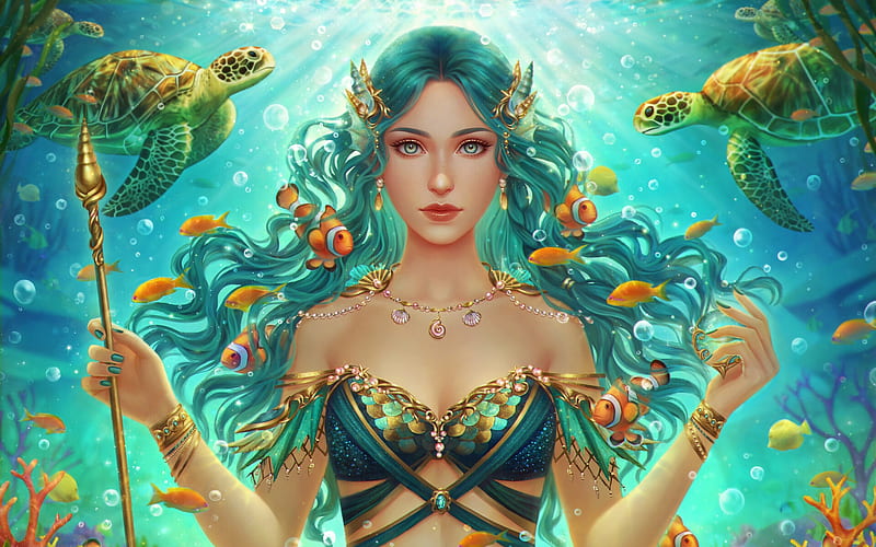 Mermaid, underwater, frumusete, luminos, fish, riikka sofia riekkinen, peste, goddess, midorisa, yellow, luminis, fantasy, green, girl, siren, blue, turtle, HD wallpaper