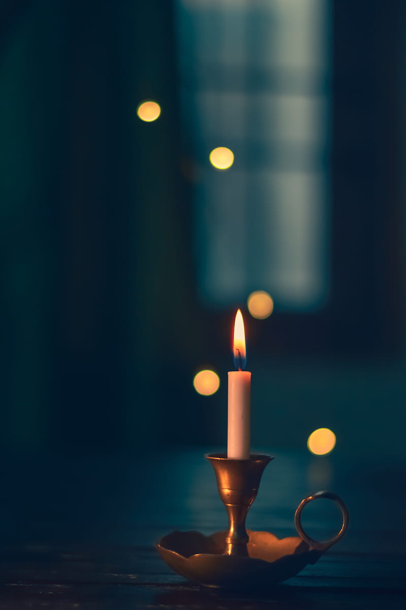 white candle lit on brass candle holder, HD phone wallpaper