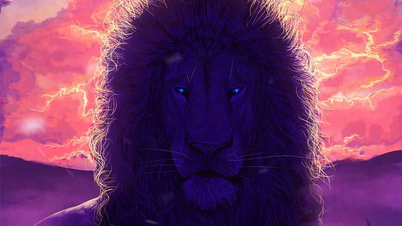 Purple lion, purple, pink, leu, fantasy, lesventie, lion, HD wallpaper