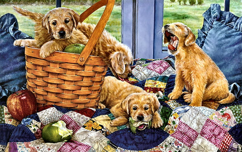 Puppies in a Basket - Dogs, art, bonito, pets, illustration, artwork, canine, animal, painting, wide screen, dogs, HD wallpaper