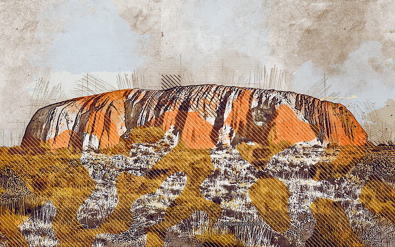 Uluru, Ayers Rock, Australia, grunge art, creative art, painted Uluru, drawing, Uluru grunge, digital art, HD wallpaper