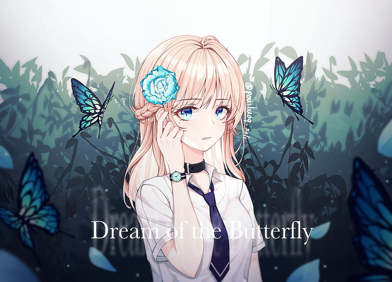 anime girl, blonde, butterflies, necktie, shirt, blue eyes, Anime, HD wallpaper