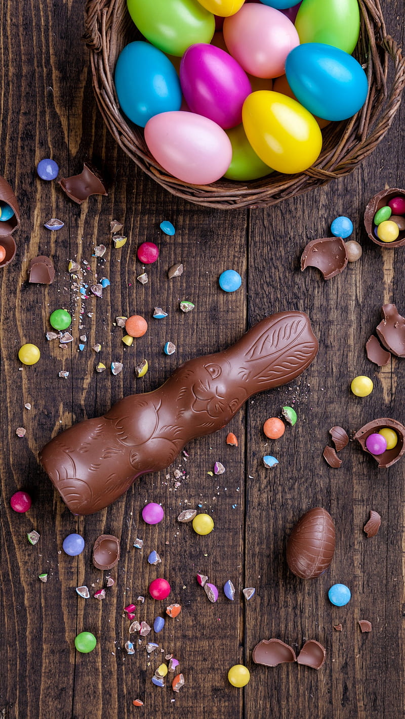 Easter, chocolate, rabbit, wood, table, colorful, eggs, happy, love, christ, wooden, HD phone wallpaper