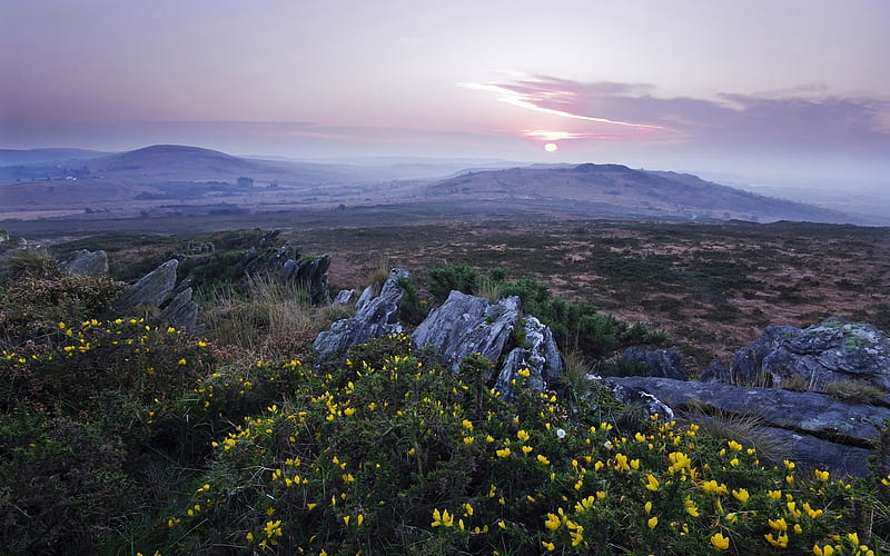 Sunset in Brittany, France, France, hills, sunset, landscape, HD wallpaper