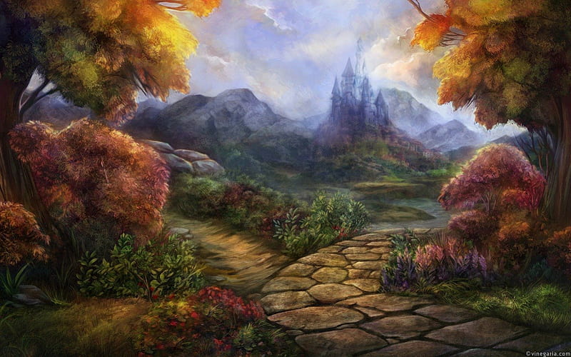 ✼.Cinders - Crossroads.✼, rocks, grass, attractions in dreams, bonito, digital art, paintings, crossroads, flowers, lovely, colors, love four seasons, creative pre-made, sky, trees, cool, mountains, castle, HD wallpaper