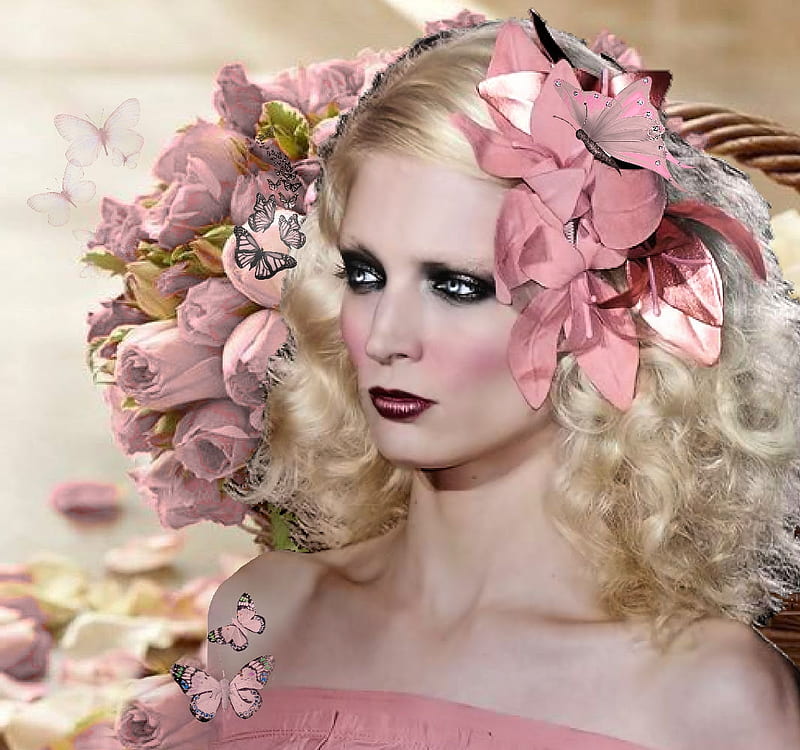 30s and 40s Makeup and Hair, artistic, pretty, stunning, bonito, woman, women, feminine, flowers, girls, pink, gorgeous, hair adornment, female, lovely, 40s, 30s, blonde, butterflies, creative, HD wallpaper