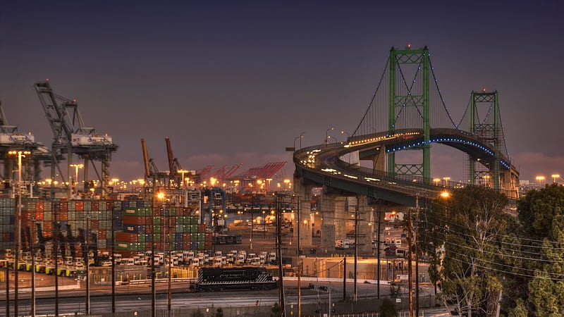 beautiful bridge by a busy port, containers, bridge, port, evening, lights, HD wallpaper