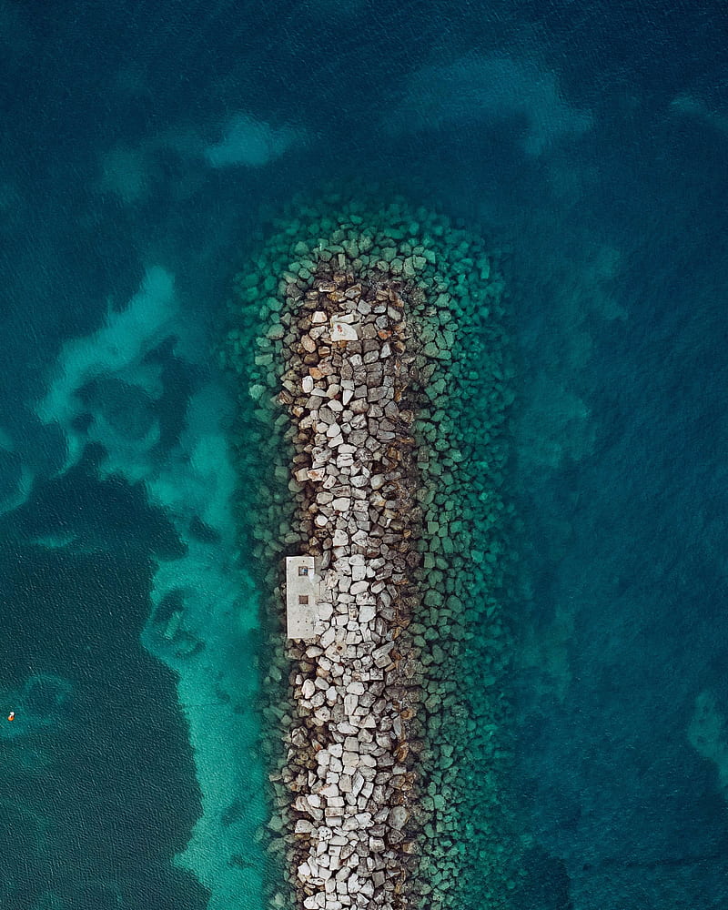 sea, stones, aerial view, breakwater, water, HD phone wallpaper