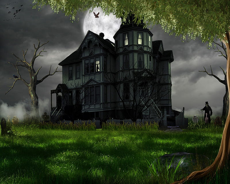 ✼.House of Horrors.✼, grass, halloween, attractions in dreams, creepy, spooky, exterior, night, horrors, moons, crows, houses, love four seasons, birds, haunted, creative pre-made, trees, ravens, ghost, backgrounds, HD wallpaper
