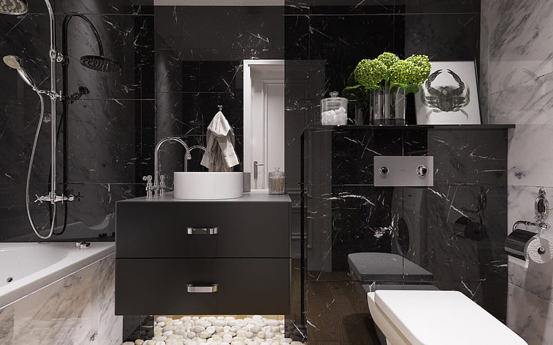 modern bathroom design, black bathroom, gloss, modern interior, bathroom, HD wallpaper