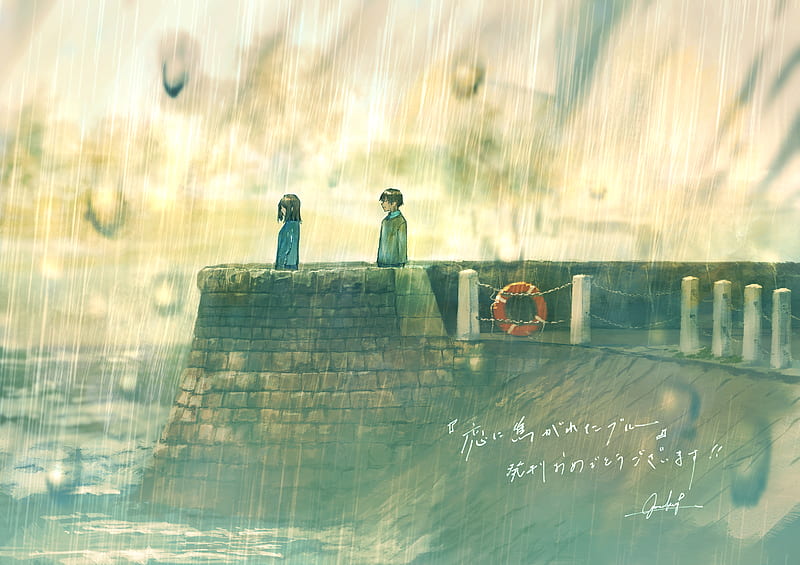 Anime, Girl, Boy, rain, HD wallpaper