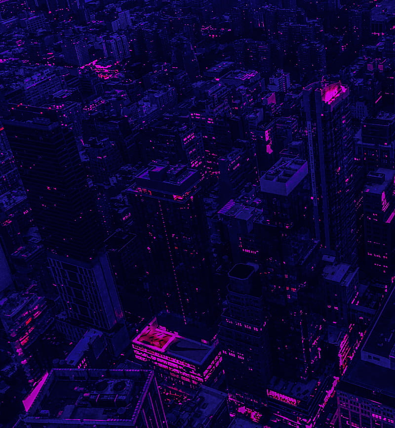 city, buildings, aerial view, purple, dark, HD phone wallpaper