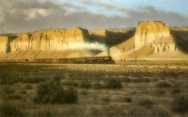 Union Pacific Train 1, art, smith, artwork, train, tucker smith, mountians, painting, wide screen, scenery, tracks, HD wallpaper