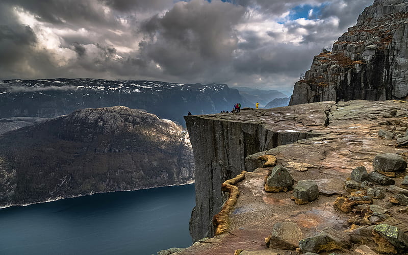 Norway, mountains, fjord, rocks, tourists, HD wallpaper
