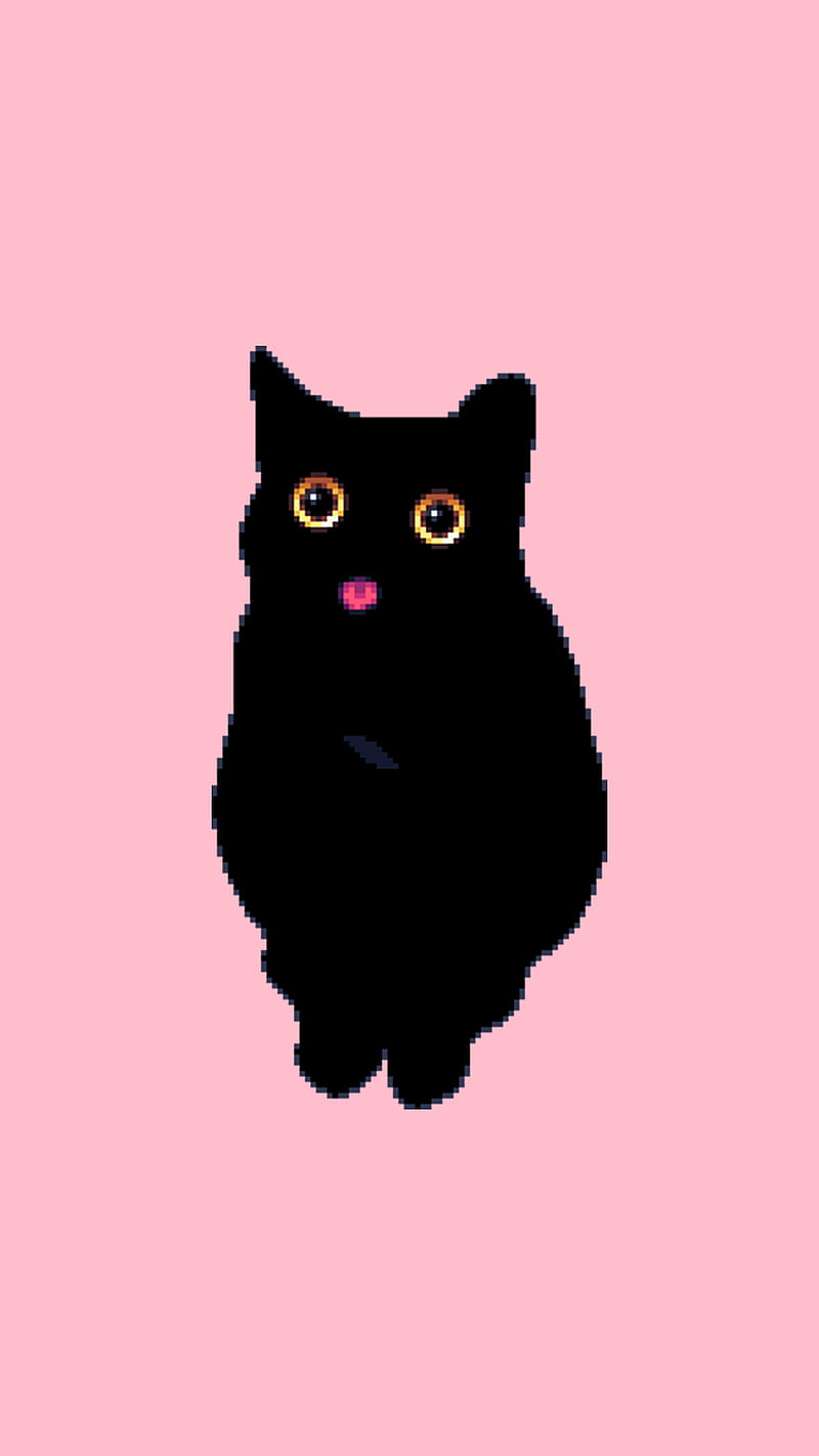 Black cat , black cat, cute, pink, pixel, yellow eye, HD phone wallpaper