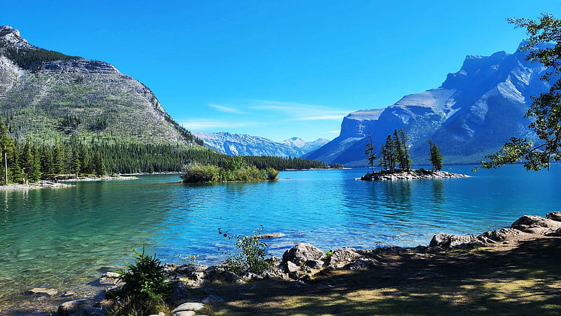 Lake Minnewanka, Alberta, trees, landscape, mountains, canada, island, HD wallpaper