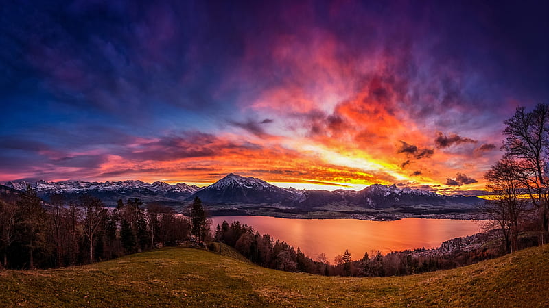 Lake Thun, Canton of Bern, Switzerland, sunset, landscape, clouds, colors, sky, alps, mountains, HD wallpaper