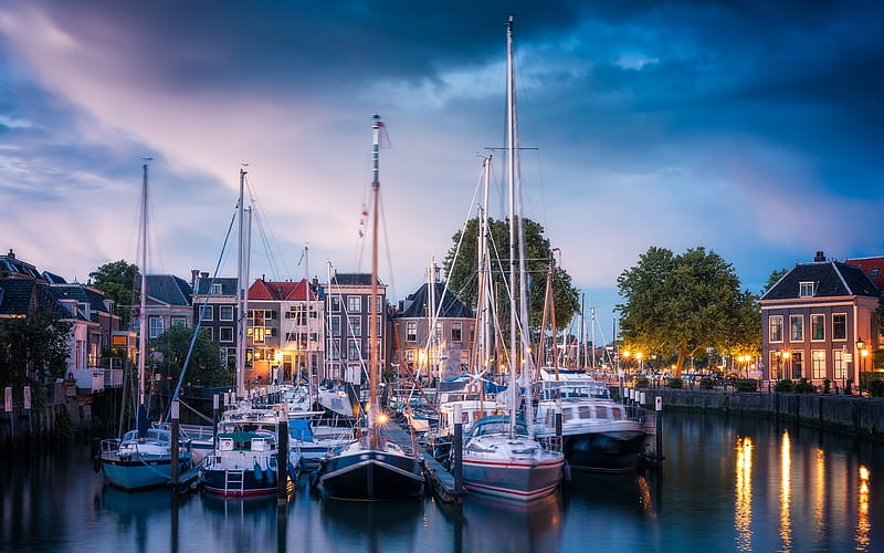 Dordrecht, city lights, yachts, embankment, evening, Netherlands, HD wallpaper