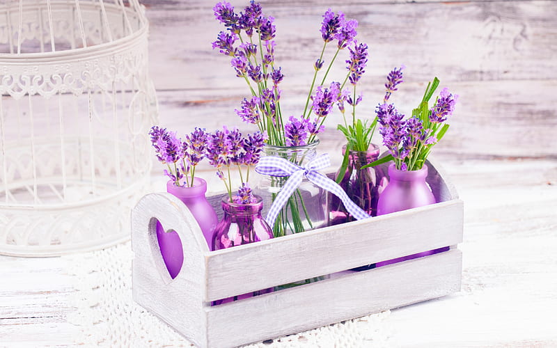 lavender, floral decoration, spring, purple flowers, lavender branch, wooden box, HD wallpaper
