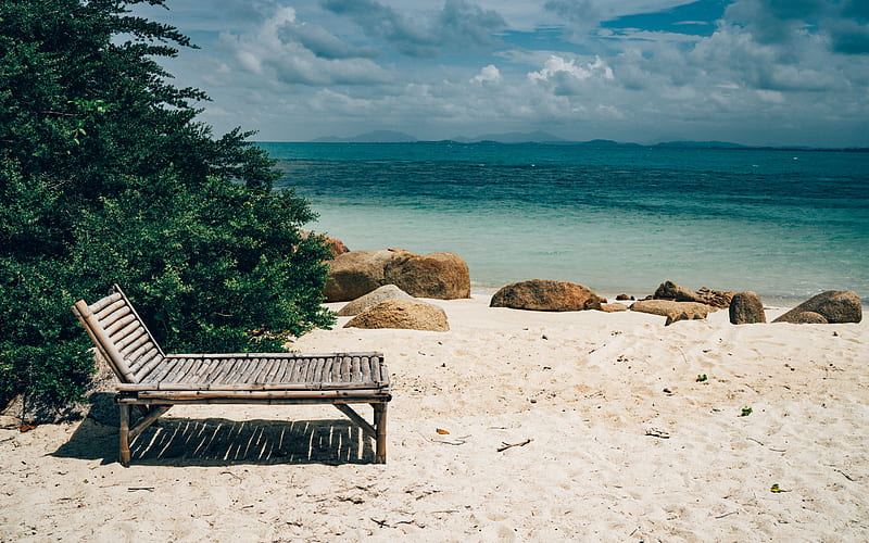 beach, chaise longue, tropical island, evening, ocean, summer, tourism, big green bush on the beach, HD wallpaper