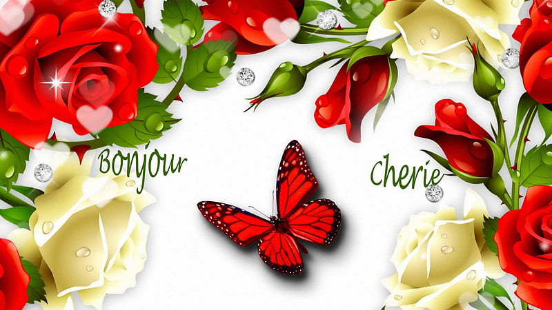 CHERIE Roses And Queen Butterfly, hop, Queen, Red, bonito, Rose, Butterfly, Heart, Monarch, Flower, HD wallpaper