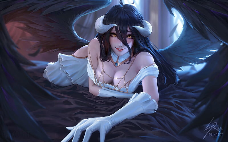 Albedo, wings, demon, fantasy, girl, raikoart, white, horns, blue, angel, HD wallpaper