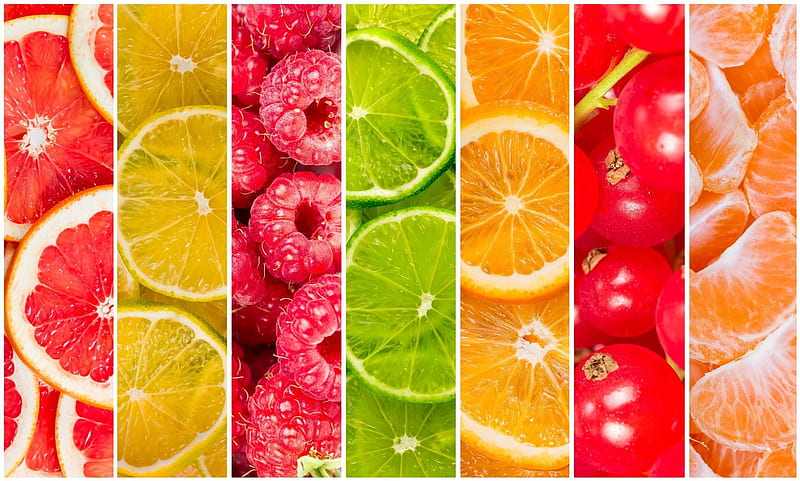 Fruits, red, colorful, orange, yellow, collage, lime, lemon, fruit, vara, summer, raspberry, HD wallpaper