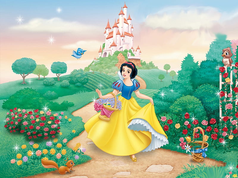 Snow White, luminos, fantasy, green, girl, garden, castle, princess, disney, HD wallpaper