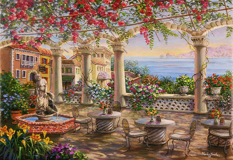 Dining On The Terrace, artwork, chairs, painting, tables, mediterranean, flowers, houses, HD wallpaper