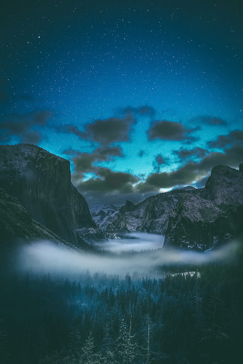mountains, starry sky, fog, clouds, HD phone wallpaper
