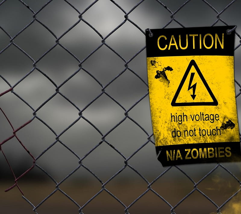 Zombies, caution, danger, funny, high voltage, nice, sky, warning, HD wallpaper