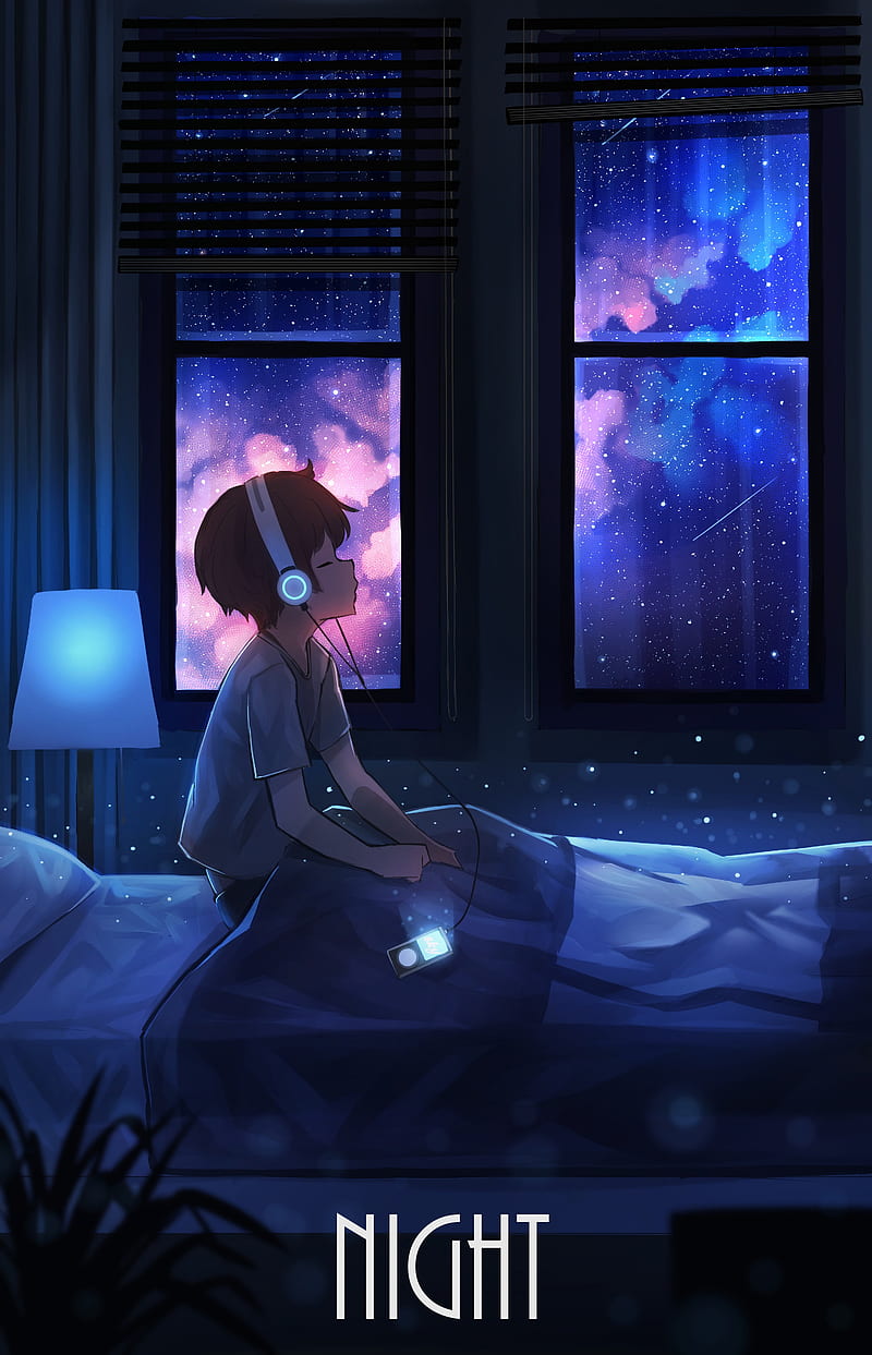 boy, night, headphones, starry sky, art, HD phone wallpaper