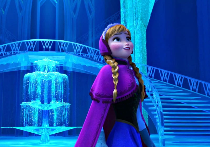 Anna, movie, fantasy, girl, ice, castle, frozen, princess, pink, disney, blue, HD wallpaper