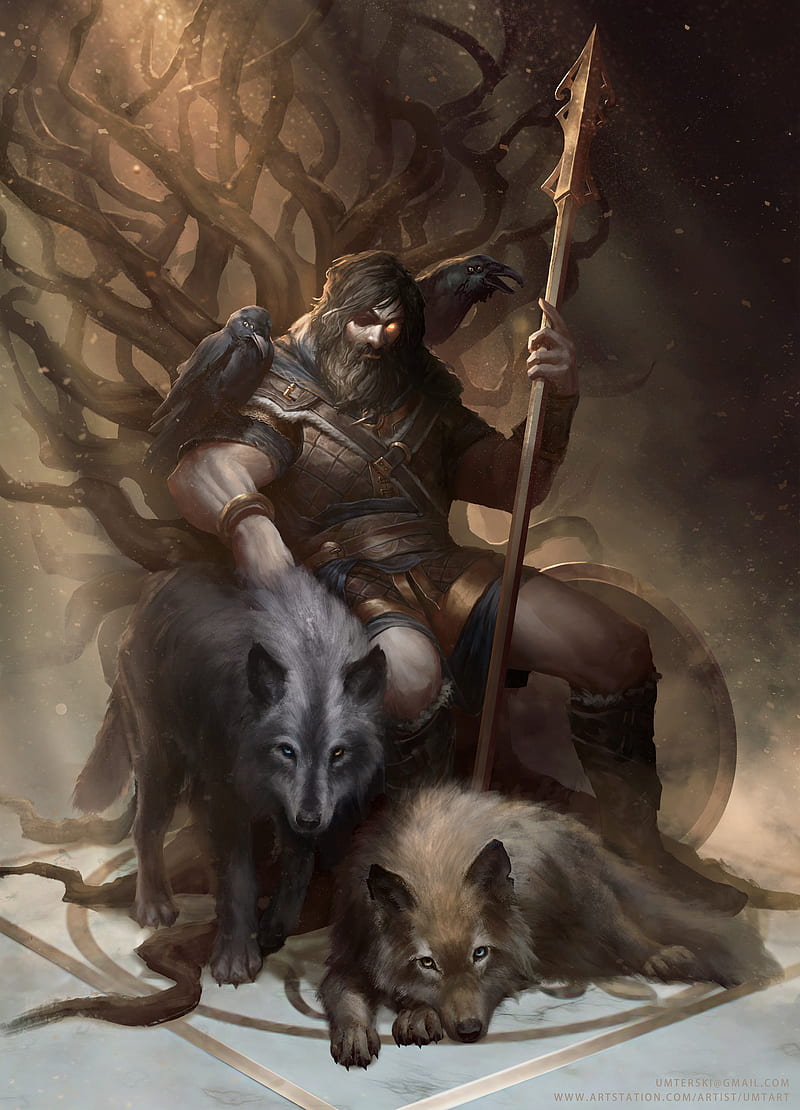 Odin, the Allfather, norse, norse pagan, pagan, ravens, mythology, odinn, wolves, HD phone wallpaper