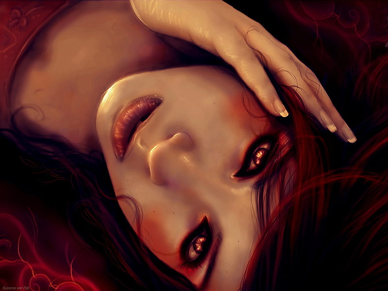 Red eyed girl, red, hair, fire, girl, face, eyes, HD wallpaper