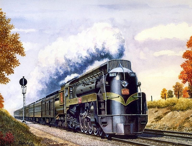 Lima Locomotive Pulling the Maple Leaf, autumn, train, steam, railways, artwork, HD wallpaper