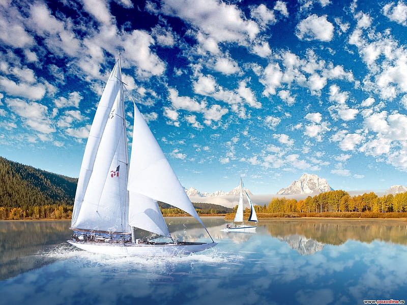 Let's Go Sailing, sails, sky, clouds, lake, mountain, boat, water, nature, land, HD wallpaper