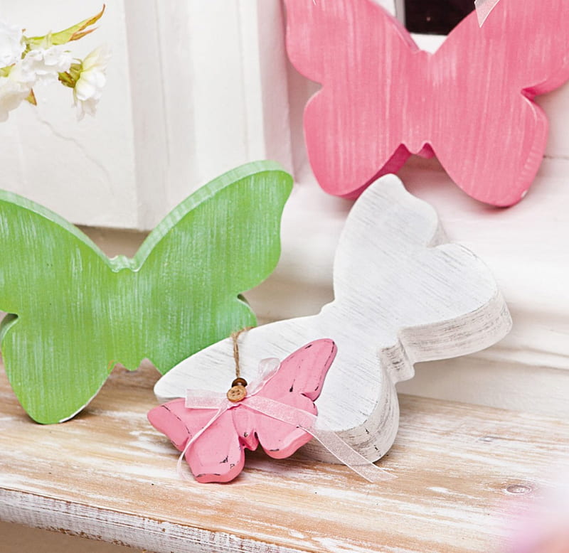 Deco Butterflies, garland, green, butterflies, white, pink, wooden, HD wallpaper