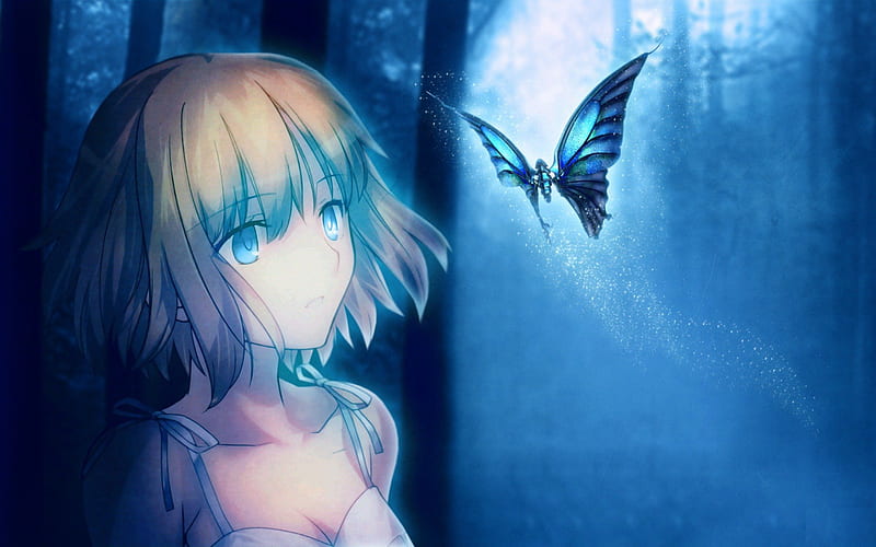 Beautiful Butterfly, Anime, butterfly, girl, wing, blue, HD wallpaper