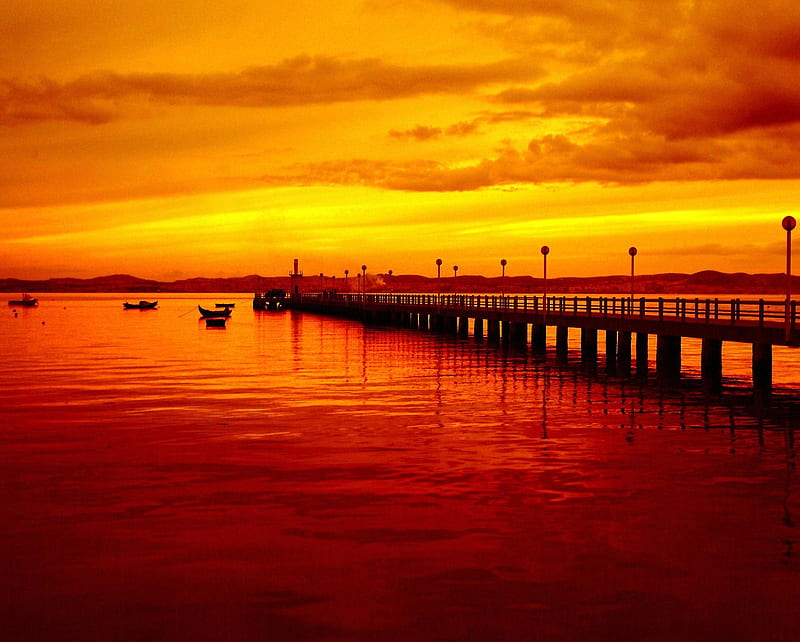 Dock, boats, bridge, clouds, dark, lake, pier, sea, skyscapes, sunset, HD wallpaper